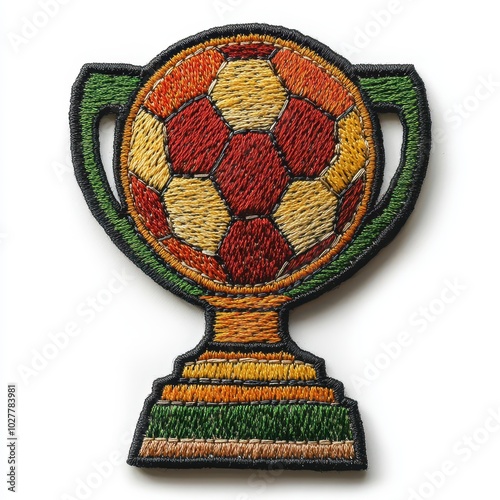 Soccer trophy embroidered patch badge on isolated white background, vector badge and patch collection for print or embroidery