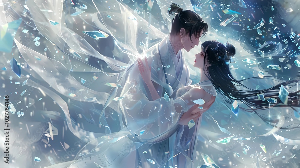 A beautiful anime girl in white dress and an Asian man embracing, surrounded by floating crystals emitting light effects, Generative AI illustrations. A beautiful anime girl in white dress and an Asian man embracing, surrounded by floating crystals emitting light effects, Generative AI illustrations.