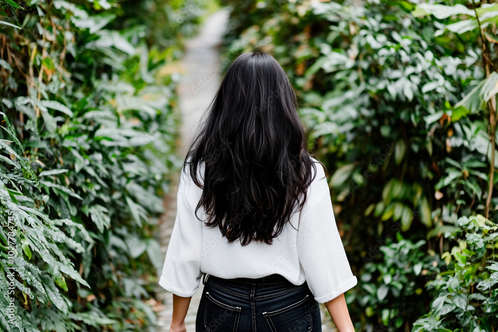 rear view of a woman with long dark hair walking on a narrow path through dense tropical vegetation rear view of a woman with long dark hair walking on a narrow path through dense tropical vegetation