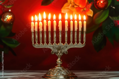 Menorah with all candles burning celebrating hanukkah in front of christmas tree