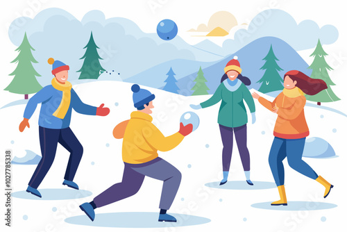 A group of friends having a snowball fight in a snowy field, bundled up and laughing
