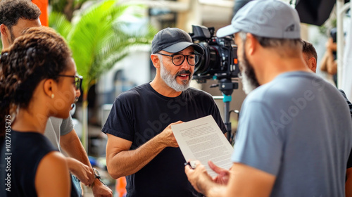 Film director discussing script with film crew on set photo