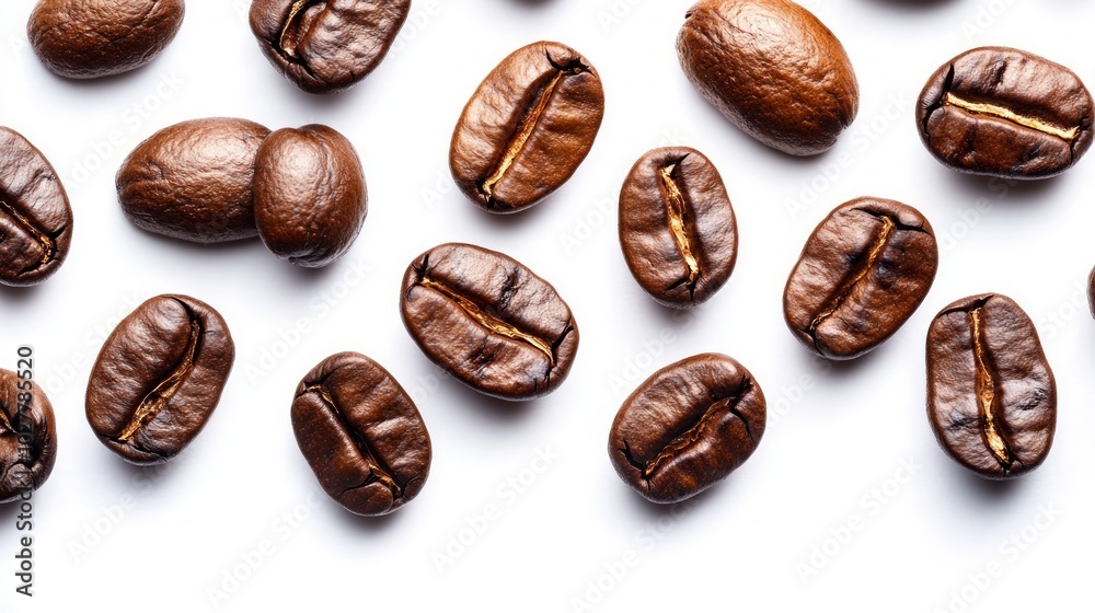 A collection of roasted coffee beans arranged on a white background.