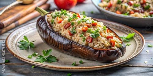 flavorful, vegan, rice, traditional, appetizer, flavorful, silhouette,oriental, delicious, meal, vegetarian, healthy, cooked, Oriental mahshy cooked eggplant stuffed with rice silhouette photo