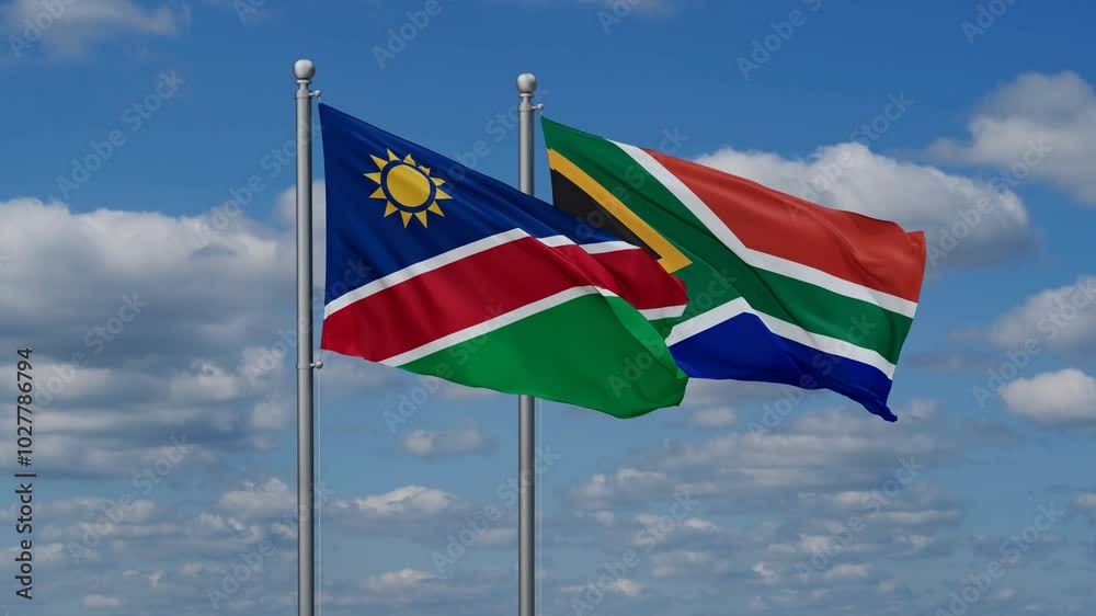 Republic of South Africa and Namibia flags flying together, video concept of the relationship, two country cooperation concept Republic of South Africa and Namibia flags flying together, video concept of the relationship, two country cooperation concept