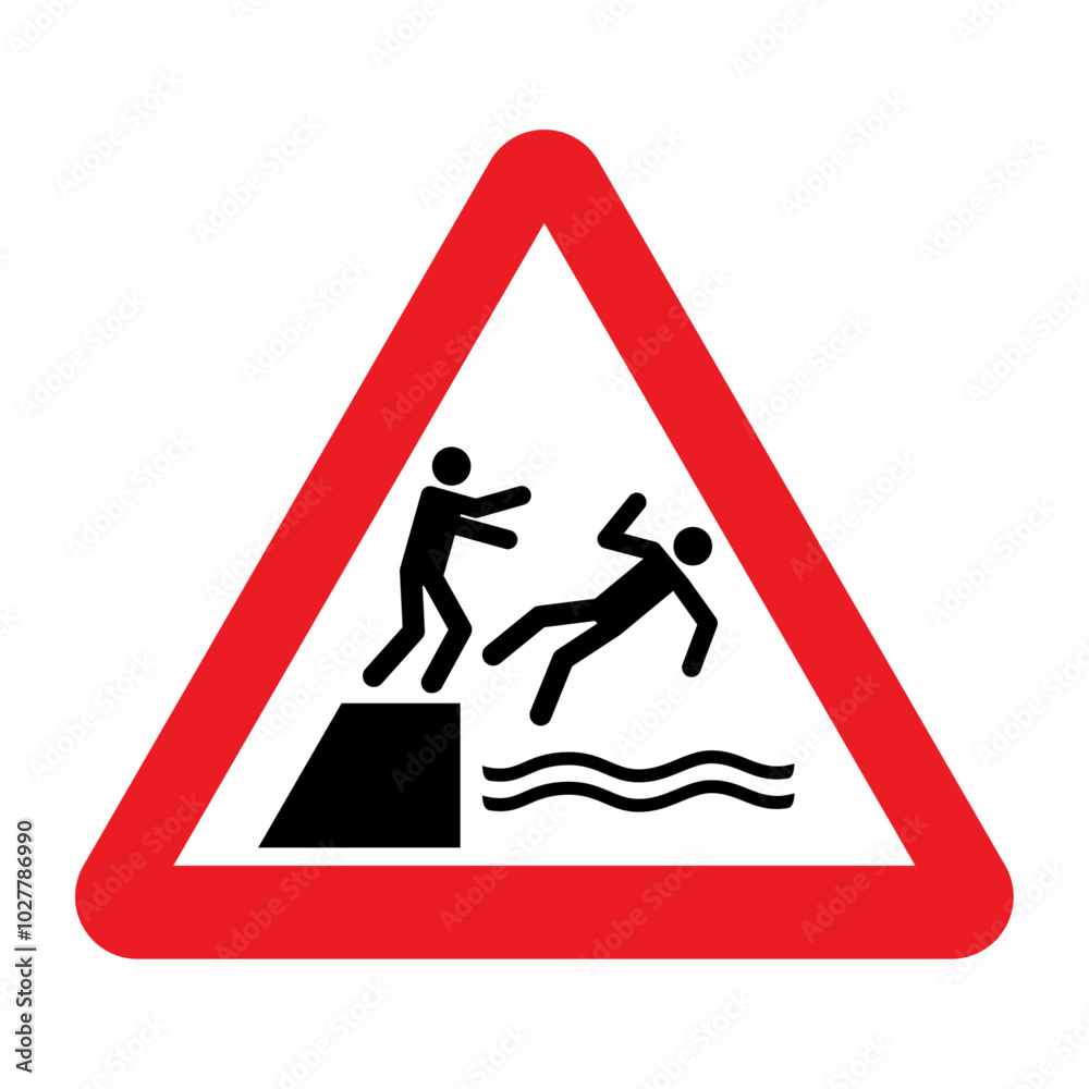 Pushing into water warning sign. Vector illustration red triangle sign with man pushing the other man. Risk of falling. Safety symbol isolated on white background. Pushing into water warning sign. Vector illustration red triangle sign with man pushing the other man. Risk of falling. Safety symbol isolated on white background.