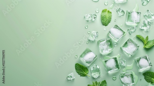 Ice cubes and fresh mint leaves beautifully arranged on a green background