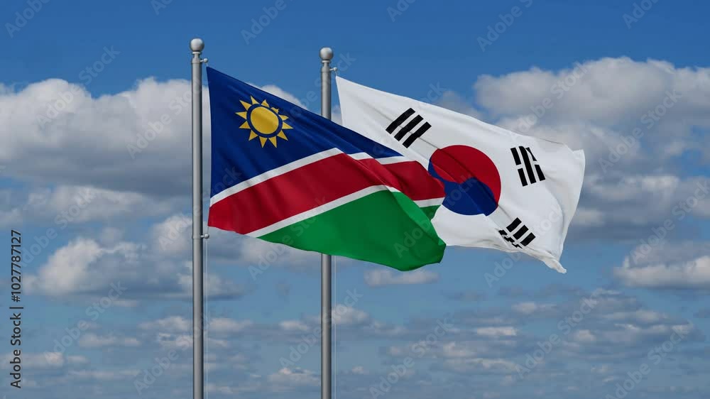 South Korea or Republic of Korea or ROK and Namibia flags flying together, video concept of the relationship, two country cooperation concept South Korea or Republic of Korea or ROK and Namibia flags flying together, video concept of the relationship, two country cooperation concept