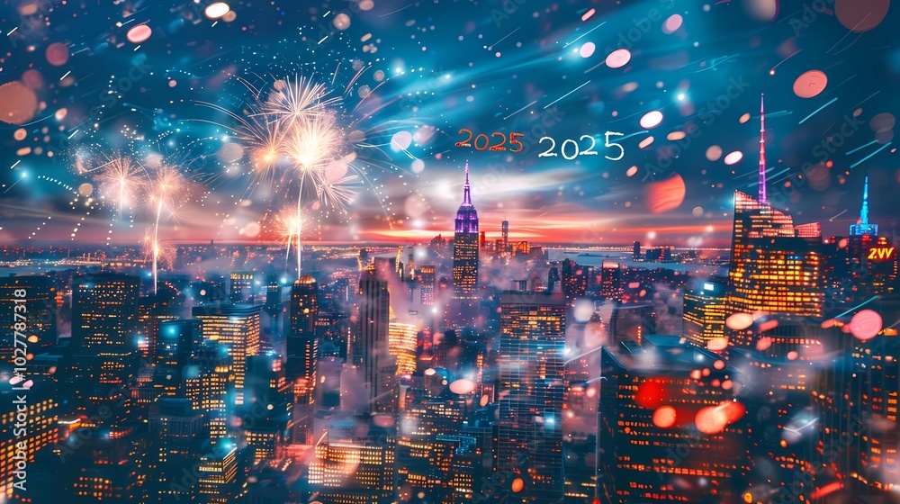 Fototapeta premium A breathtaking fireworks display over a bustling cityscape, with skyscrapers and landmarks illuminated against the night sky, Generative AI illustrations.