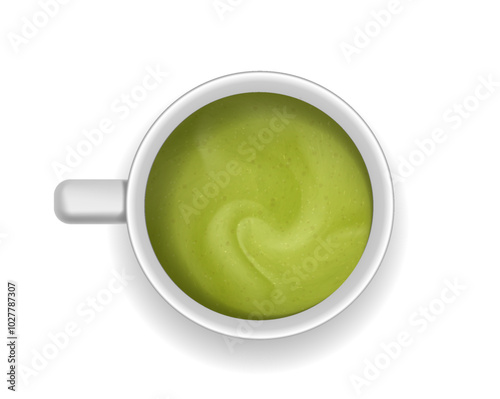 Realistic hot drink top view. Cappucino and mochachino, cafe. Ceramic cup or mug with green coffee. Aroma and beverage. Template and layout. 3D vector illustration photo