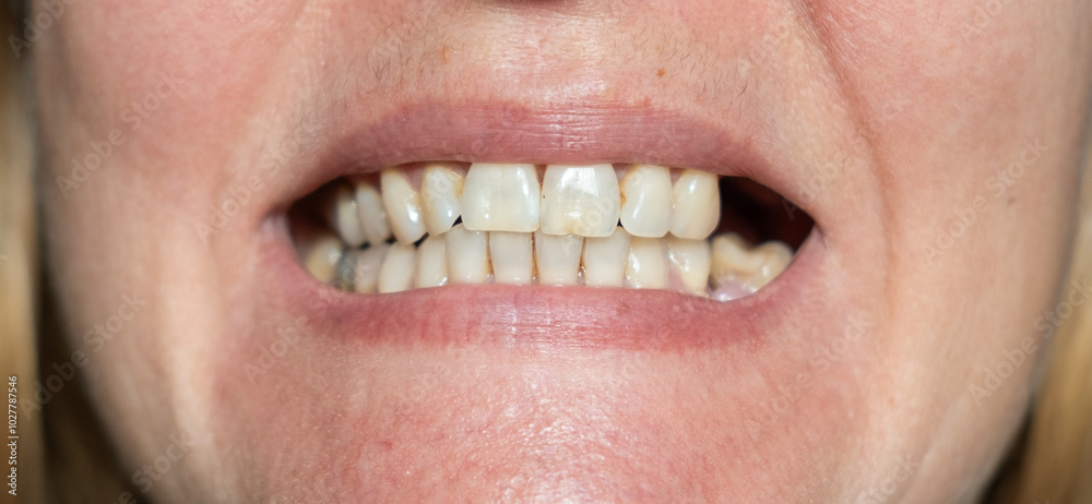 Obraz premium Mature woman is showing mouth without broken tooth. Close-up photo. Gap toothed.
