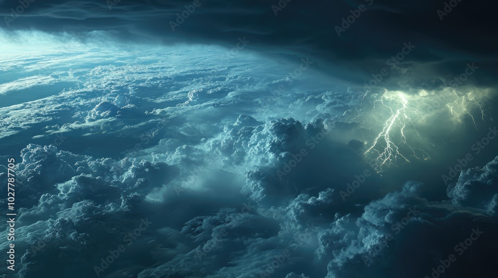 Aerial satellite image of a severe thunderstorm with intense cloud cover and visible lightning, illustrating its dramatic nature Aerial satellite image of a severe thunderstorm with intense cloud cover and visible lightning, illustrating its dramatic nature