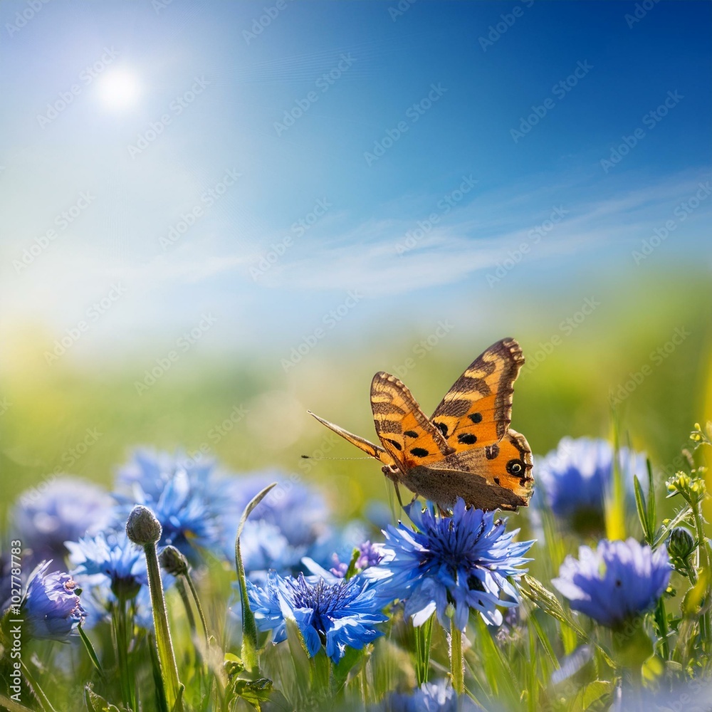beautiful blurred spring nature background with blooming meadow and blue sky on a sunny day butterfly and delicate blue flowers beautiful blurred spring nature background with blooming meadow and blue sky on a sunny day butterfly and delicate blue flowers