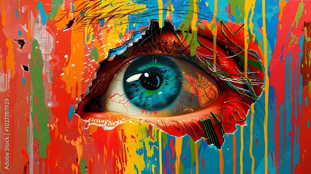 Obraz premium An robot eye with an iris made of printed circuit board peers through the screen from behind through a curtain, the robot tears a hole through the canvas from behind, Generative AI illustrations. 