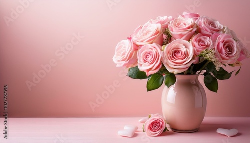 beautiful bouquet flowers pink roses in vase on pastel pink background table birthday wedding mother s day valentine s day women s day front view