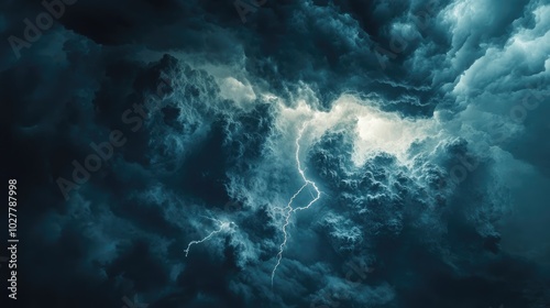 Aerial satellite view of a powerful storm front with detailed cloud formations and visible lightning, illustrating its intensity