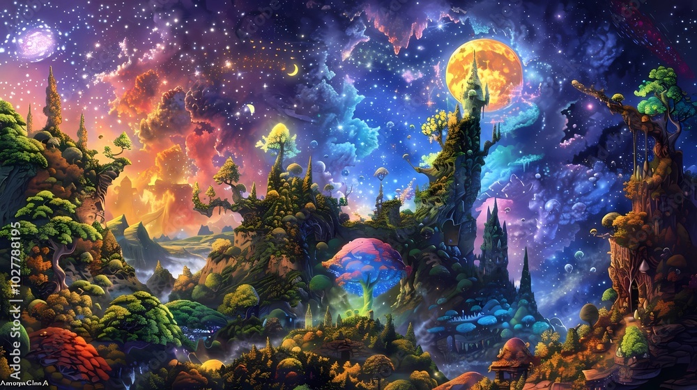 Fototapeta premium A dreamscape, mystical style, full color, vibrant color, intricate detail, Generative AI illustrations.