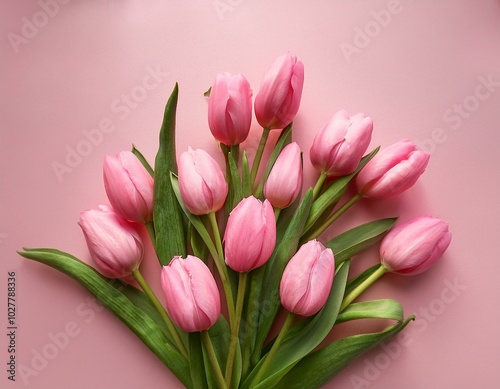 beautiful composition spring flowers bouquet of pink tulips flowers on pastel pink background valentine s day easter birthday happy women s day mother s day flat lay top view copy space photo