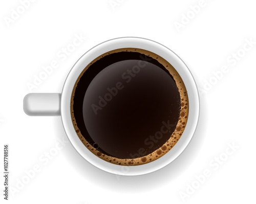 Realistic hot drink top view. Cappucino and mochachino, cafe. Ceramic cup or mug with coffee and tea. Aroma and beverage. Template and layout. 3D vector illustration