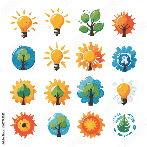 A set of flat icons depicting various environmental and sustainability-related symbols, including a sun, light bulbs, recycling symbols, and leaves