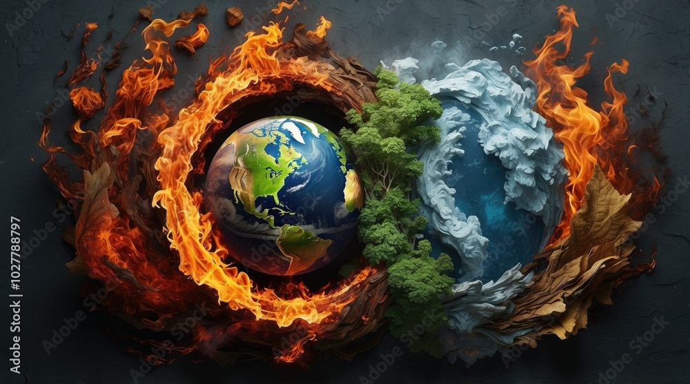 A dynamic scene showcasing a swirling blend of elements: on the left, a plume of smoke and dust rises A dynamic scene showcasing a swirling blend of elements: on the left, a plume of smoke and dust rises