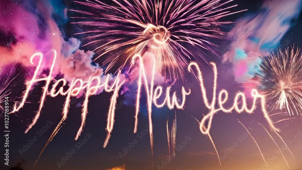 Happy New Year 2025 animation with vibrant fireworks in 4K video, perfect for festive celebrations and New Year's Eve events