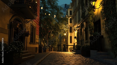 A narrow, cobblestone street in a European city at night, lit by street lamps and string lights.