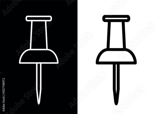 Power button icon (push pin). Pin information (thumbtack), task list pictogram. Stationery, office or information symbol. Announcement, plan or reminder attribute.