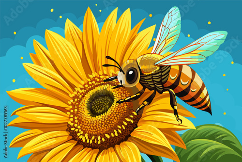 A honey bee covered in pollen, delicately collecting nectar from the heart of a vibrant sunflower