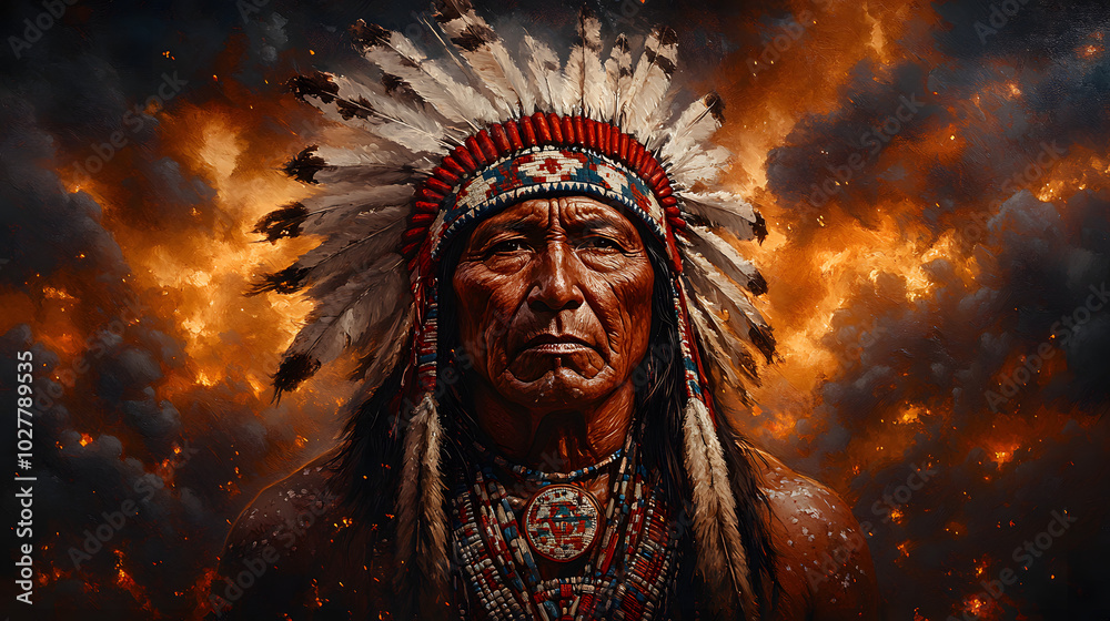An Oil Painting of a Native American Indian Chief in Traditional Regalia, Depicting Strength, Wisdom, and Cultural Heritage with Intricate Feathered Headgear, Vibrant Colors, and Expressive Brushstrok An Oil Painting of a Native American Indian Chief in Traditional Regalia, Depicting Strength, Wisdom, and Cultural Heritage with Intricate Feathered Headgear, Vibrant Colors, and Expressive Brushstrok