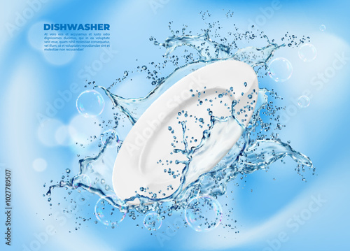 Clean plate with water splashes, dishwashing liquid or soap detergent product vector 3d ad poster. Realistic shiny clean white plate with dishwash liquid foam bubbles, water splash, drops and bokeh