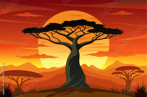 A lone baobab tree silhouetted against a vibrant orange African sunset