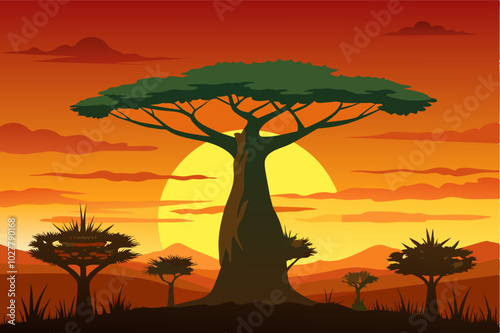 A lone baobab tree silhouetted against a vibrant orange African sunset