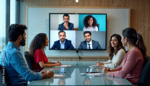 A modern conference room featuring a glass table, with an Indian male participant in a blue shirt and a Black female participant in a red dress present. A large screen displays video feeds of four