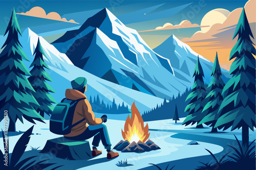 A lone hiker warming their hands by a crackling fire, surrounded by majestic snow-capped peaks