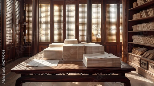 A table laden with abundant sheets of pioneering paper, step into a meticulously recreated han dynasty chamber, Generative AI illustrations.