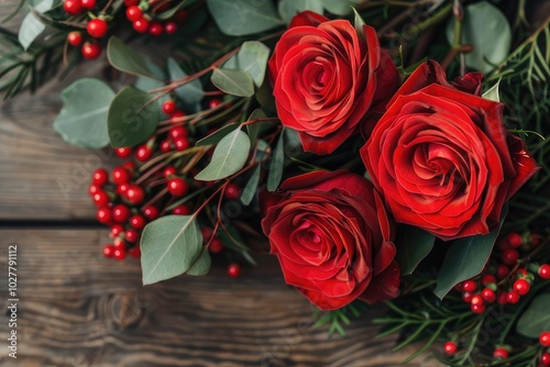 A vibrant bouquet of red roses and berries on a wooden table