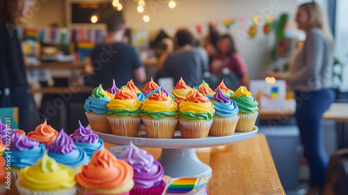 An LGBTQ and allies group hosting a fundraiser in the office to support local LGBTQ organizations with rainbow-colored cupcakes and donation boxes spread around the room. photo