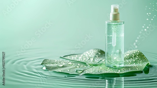 A lotus leaf on light green water with a bottle of cleanser on the lotus leaf, minimalist, dew, low saturation, light green background, Generative AI illustrations.