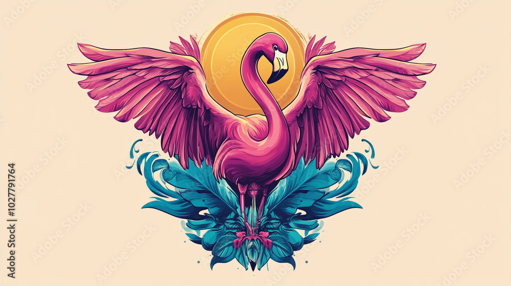 Obraz premium Pink Flamingo with Spread Wings Tropical Leaves Sun Artistic Illustration