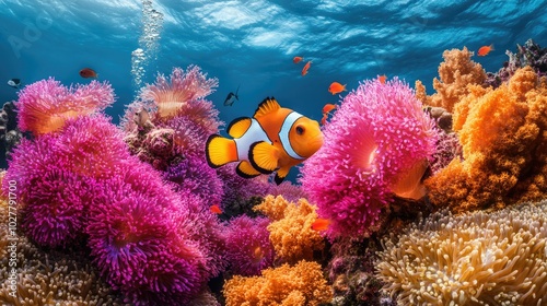 Clownfish Swimming Among Colorful Coral and Sea Anemones