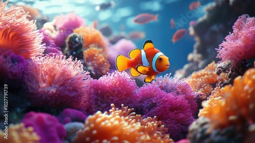 Clownfish in Vibrant Coral Reef with Colorful Sea Anemones