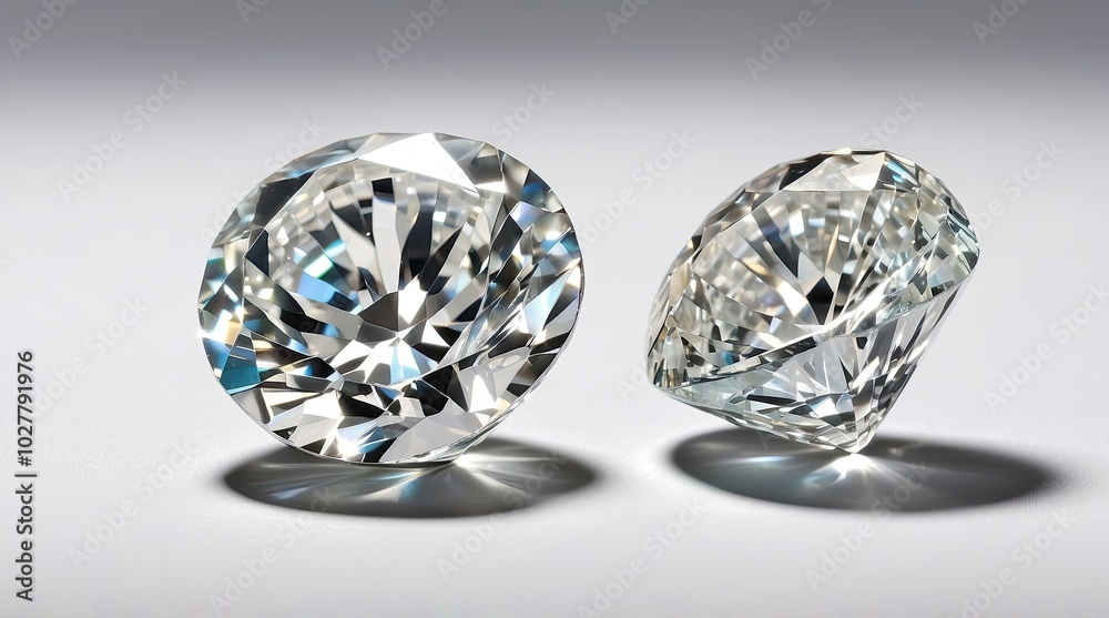 Two large, brilliantly cut diamonds are positioned on a white background Two large, brilliantly cut diamonds are positioned on a white background