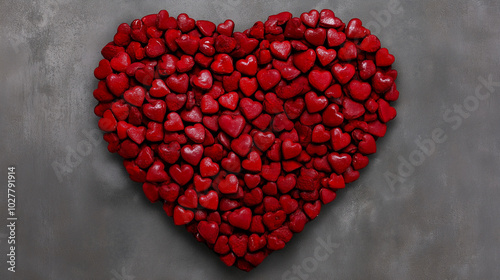 Heart made of small red hearts on a gray background