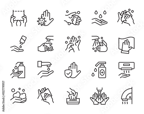 Hand wash icons. Clean palms with water and soap suds. Rub foam dryer and wipe signs. Outline towel and paper napkin. Cleanser bottle dispenser. Arm sanitizer. Vector hygiene symbols set