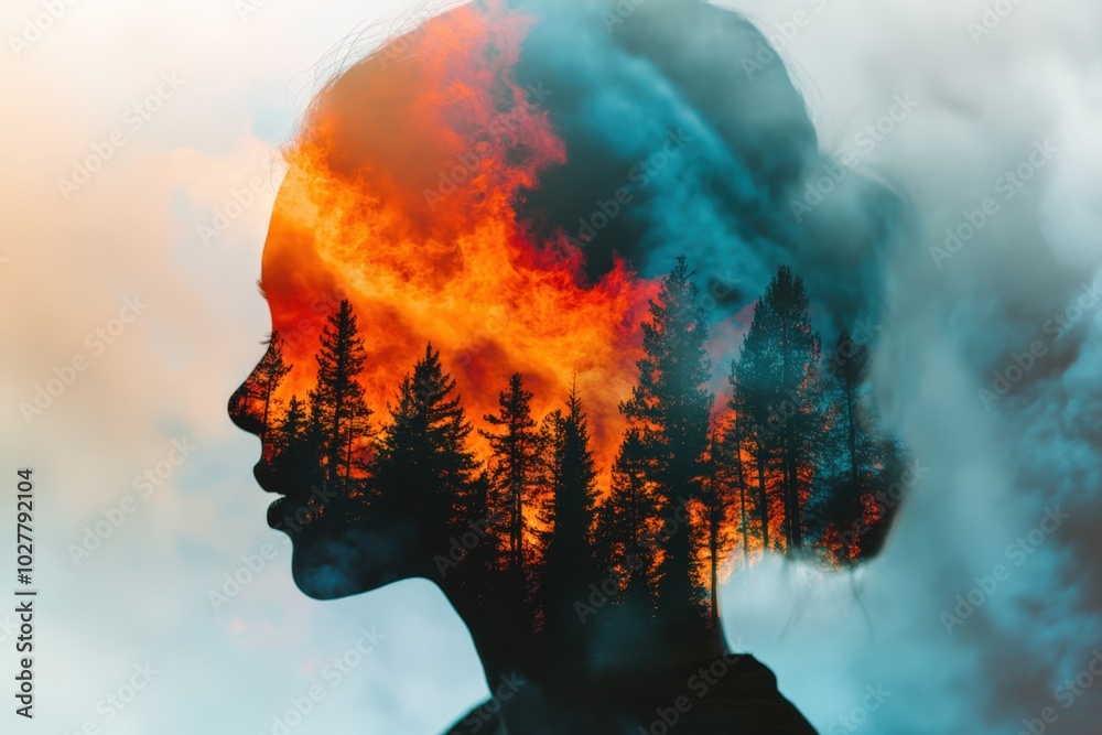 Double exposure image of a young woman with a burning forest inside her silhouette Double exposure image of a young woman with a burning forest inside her silhouette
