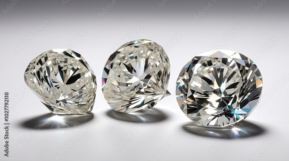 Two large, brilliantly cut diamonds are positioned on a white background Two large, brilliantly cut diamonds are positioned on a white background
