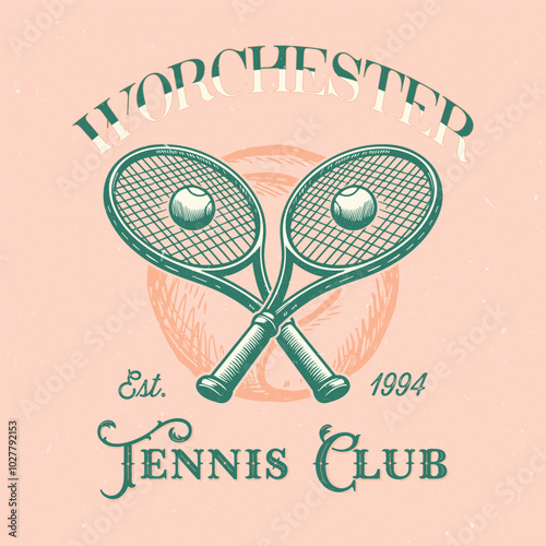 Vintage artwork for sportswear. Tennis club vector t-shirt design. New York tennis league graphic print design. Racket tournament. Tennis college league. Retro varsity tennis logos prints.