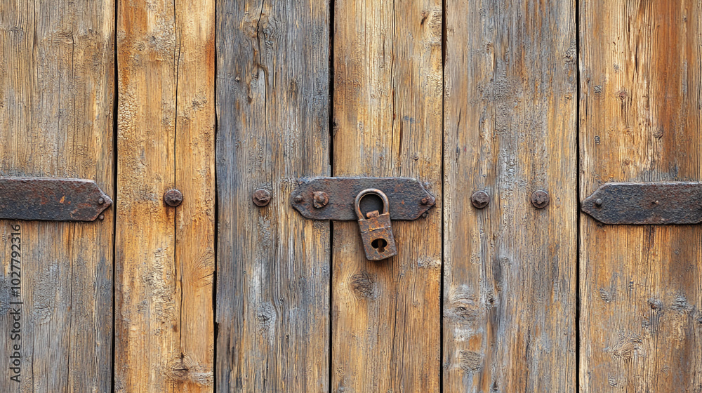 Fototapeta premium Old Rusty Padlock on Rustic Wooden Door