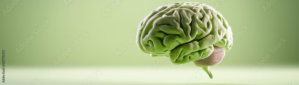 Fototapeta premium Floating green brain on soft gradient background, symbolizing creativity and thought.